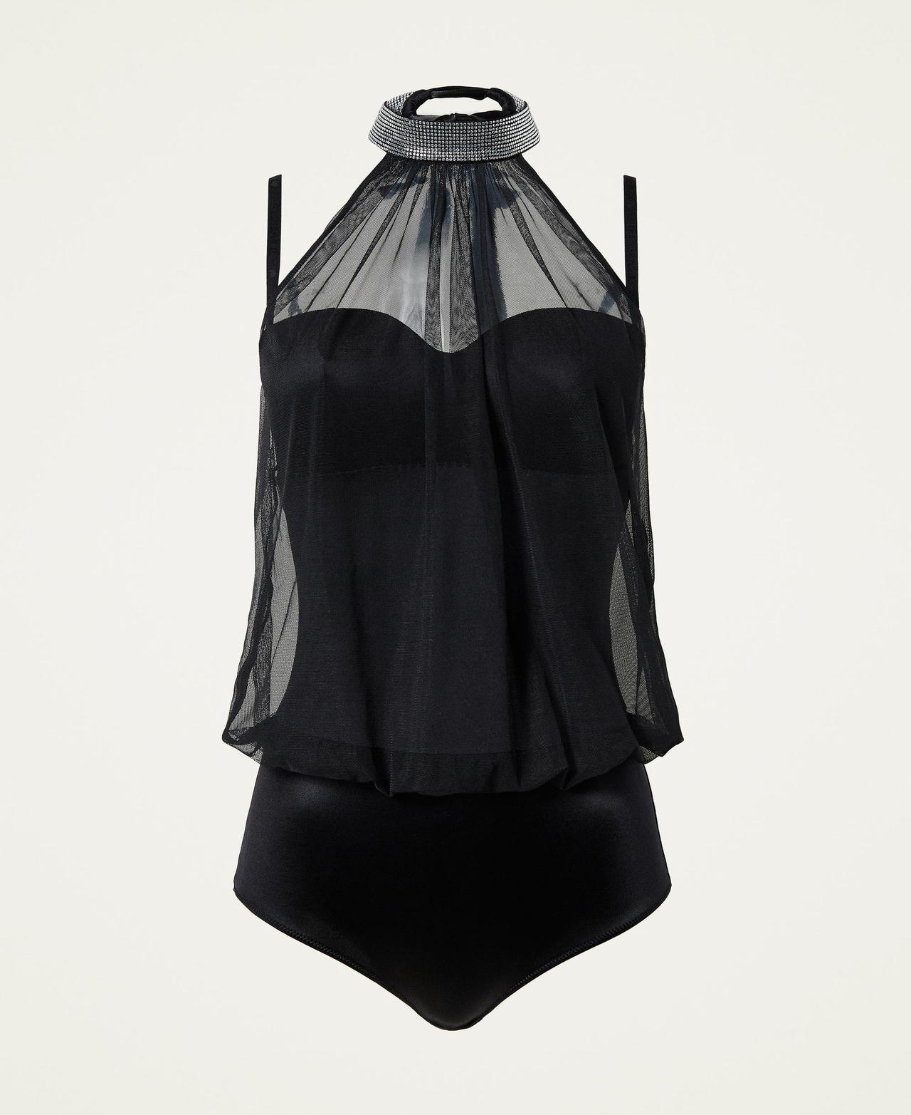 Body en satin et tulle avec strass Noir Femme 212LL6L00-0S