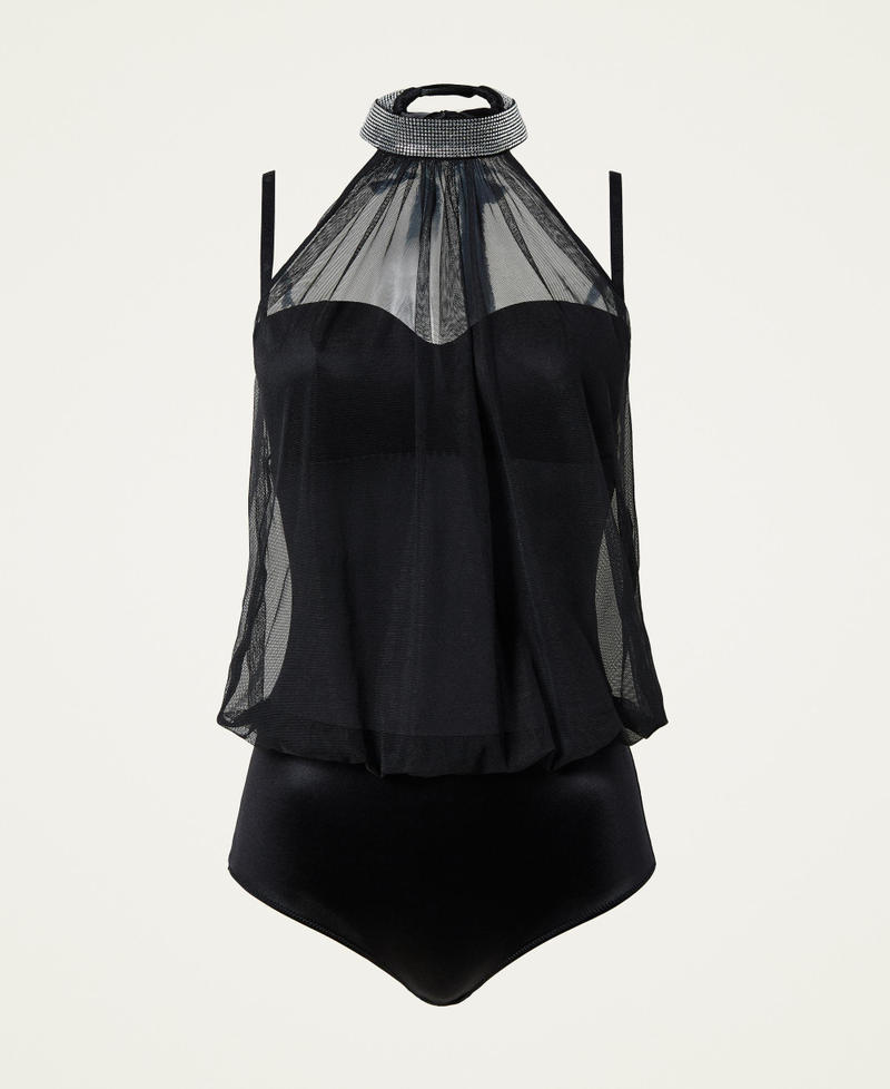 Body en satin et tulle avec strass Noir Femme 212LL6L00-0S