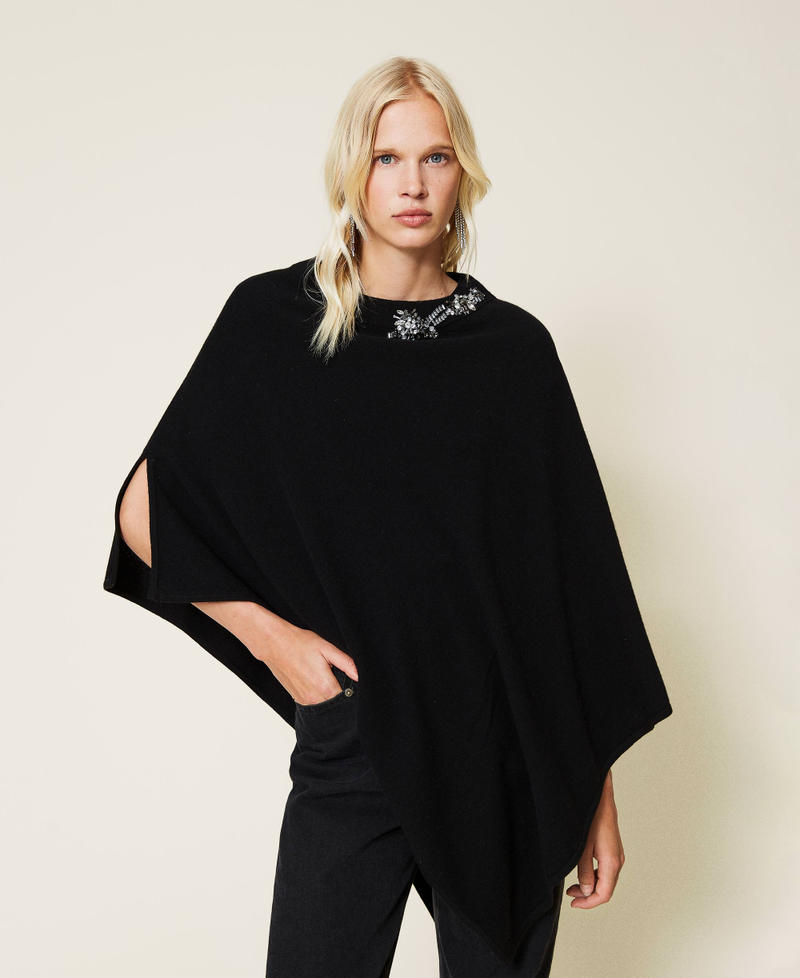 Wool blend poncho with rhinestones Black Woman 212TA4055-01