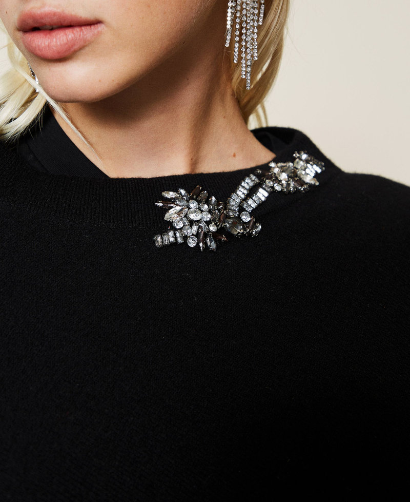 Wool blend poncho with rhinestones Black Woman 212TA4055-05