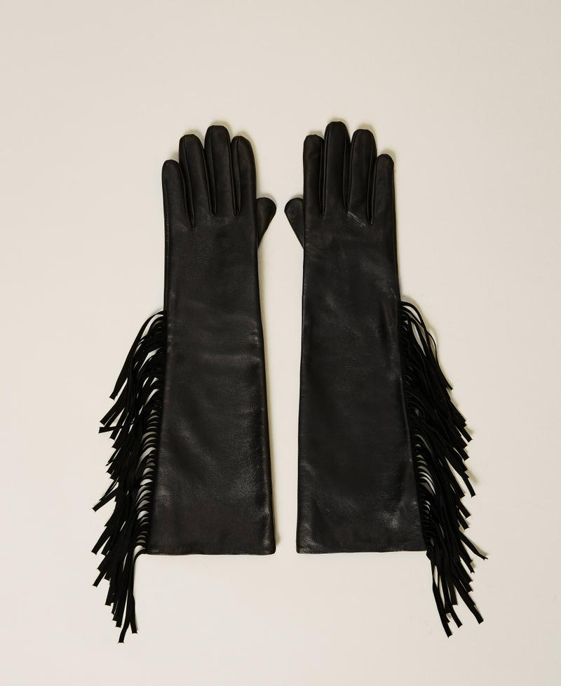 Leather gloves with fringes Black Woman 212TA4091-01