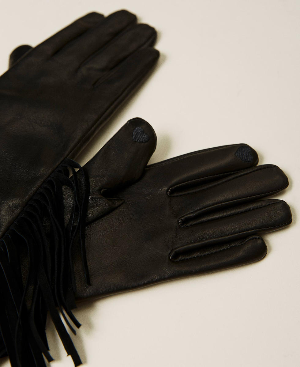Gants en cuir avec franges Noir Femme 212TA4091-02