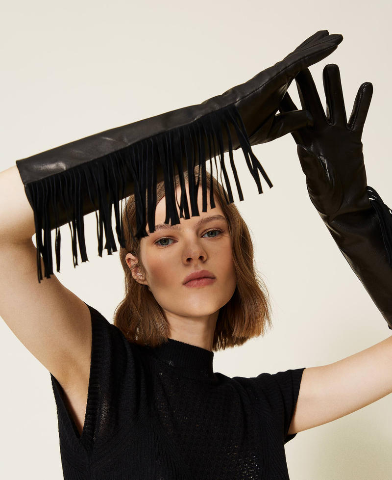 Leather gloves with fringes Black Woman 212TA4091-0S