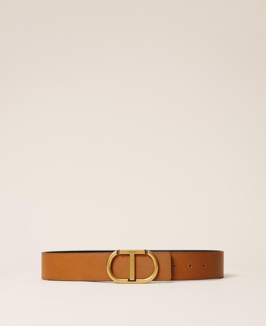 Reversible leather belt with logo Two-tone “Leather” Brown / Black Woman 212TA4116-01