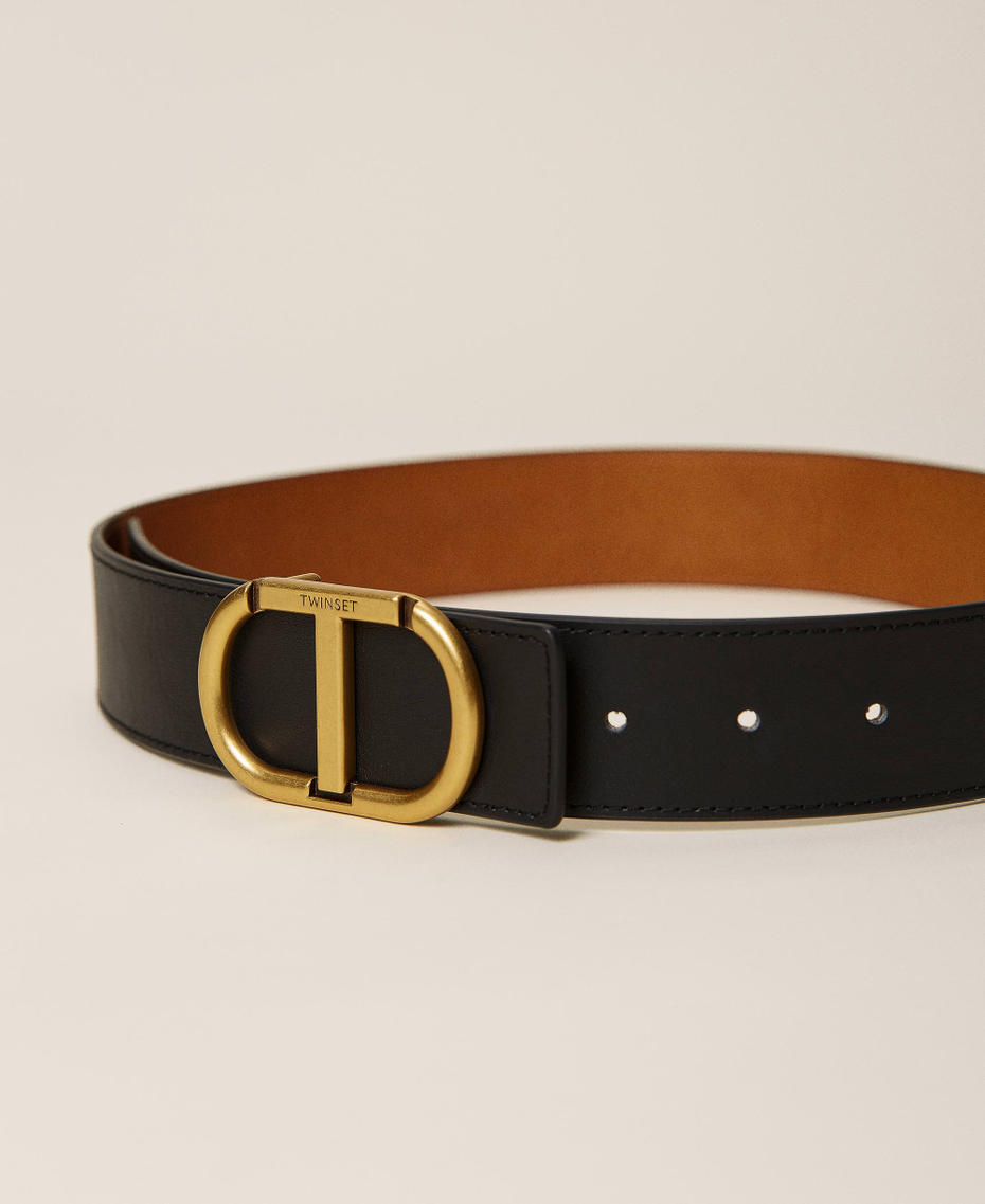 Reversible leather belt with logo Two-tone “Leather” Brown / Black Woman 212TA4116-04
