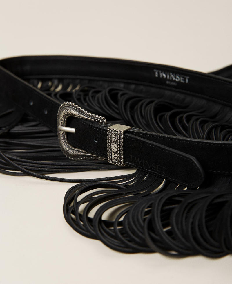 Leather belt with fringes Black Woman 212TA4117-02