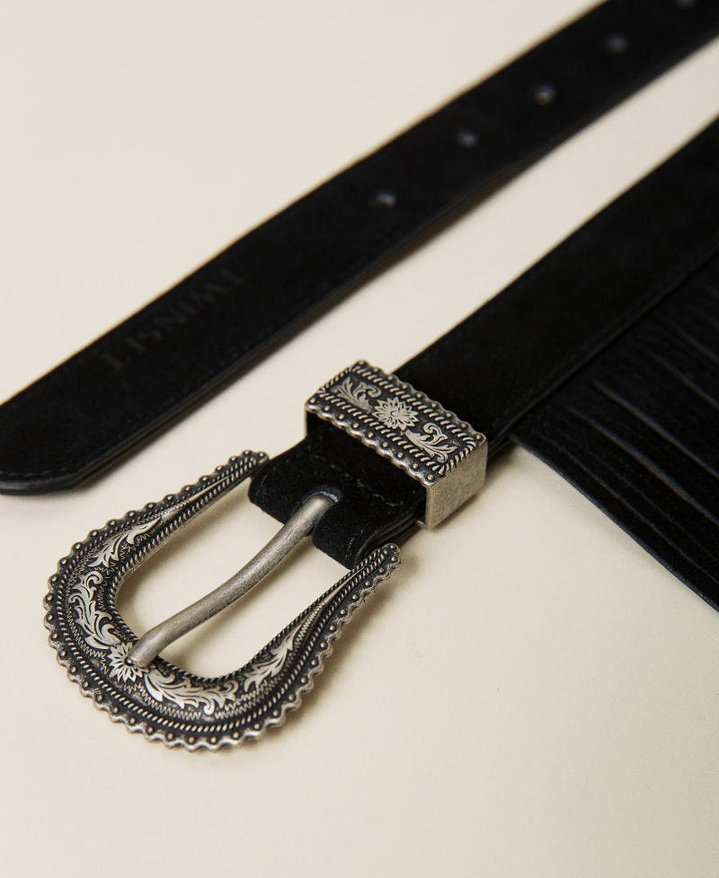 Leather belt with fringes Black Woman 212TA4117-03