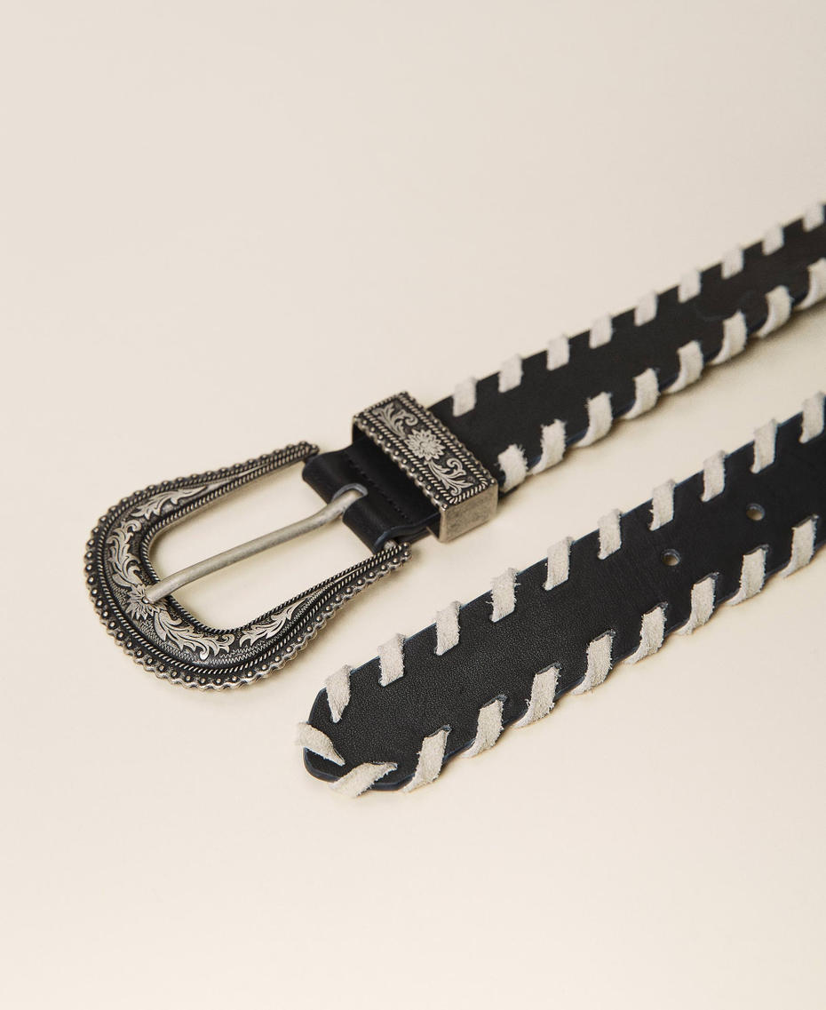 Leather belt with contrasting details Bicolour "Snow" White / Black Woman 212TA4119-03