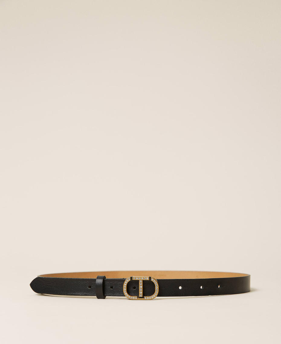 Cinturón de piel con logotipo y strass Negro Mujer 212TA411C-01