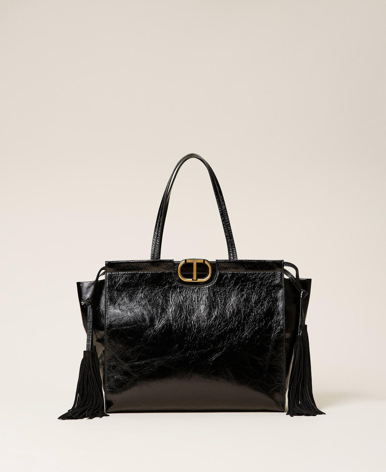 Leather shopper with fringes Woman Black TWINSET Milano