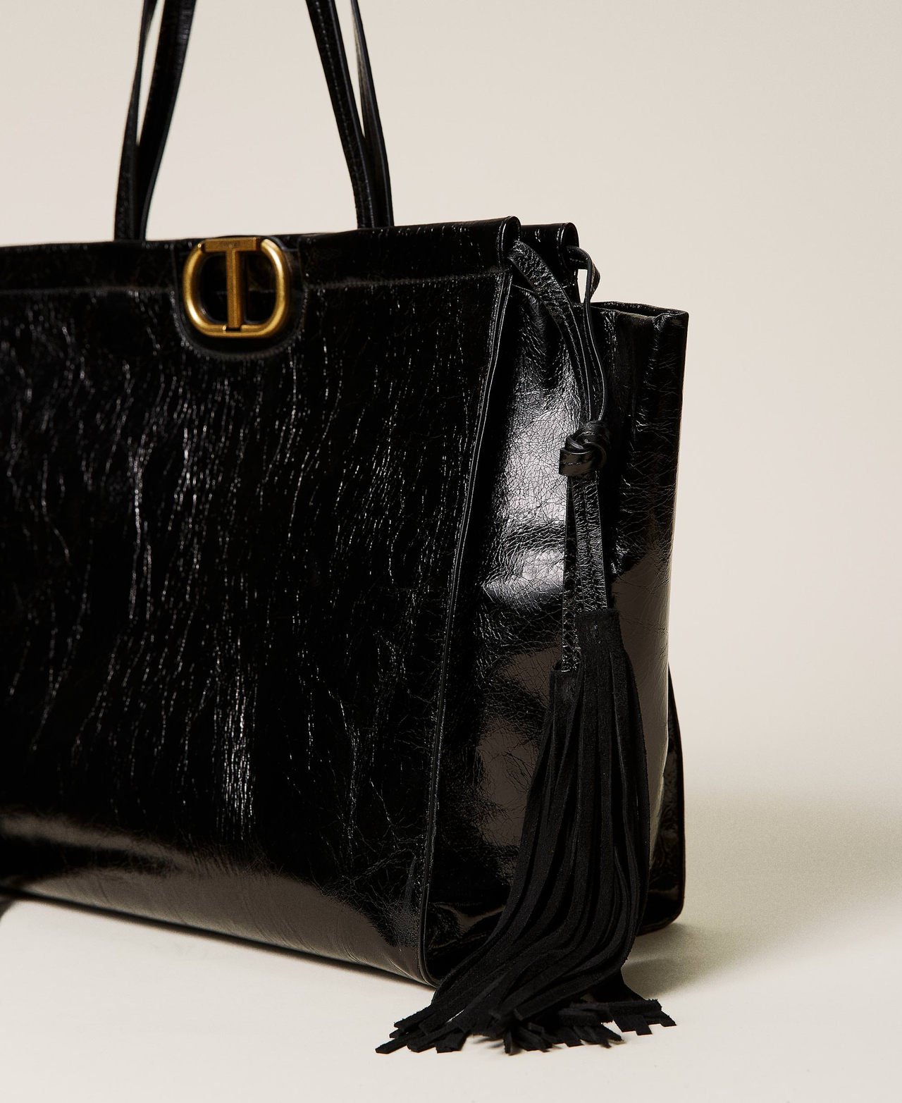 Leather shopper with fringes Black Woman 212TB7110-02