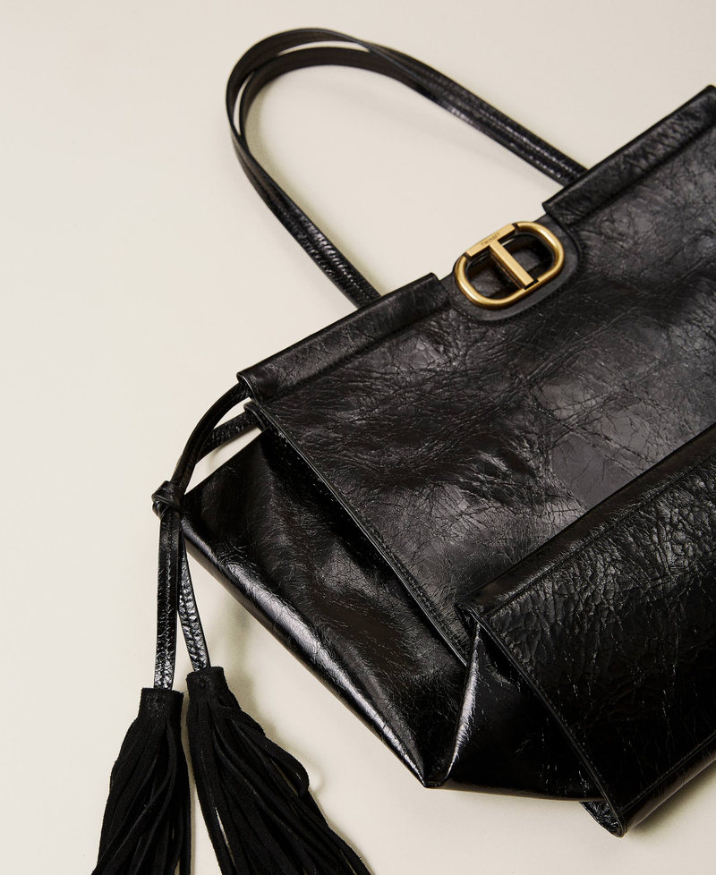 Leather shopper with fringes Black Woman 212TB7110-03