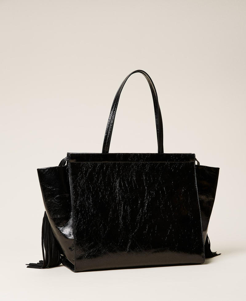 Leather shopper with fringes Black Woman 212TB7110-04