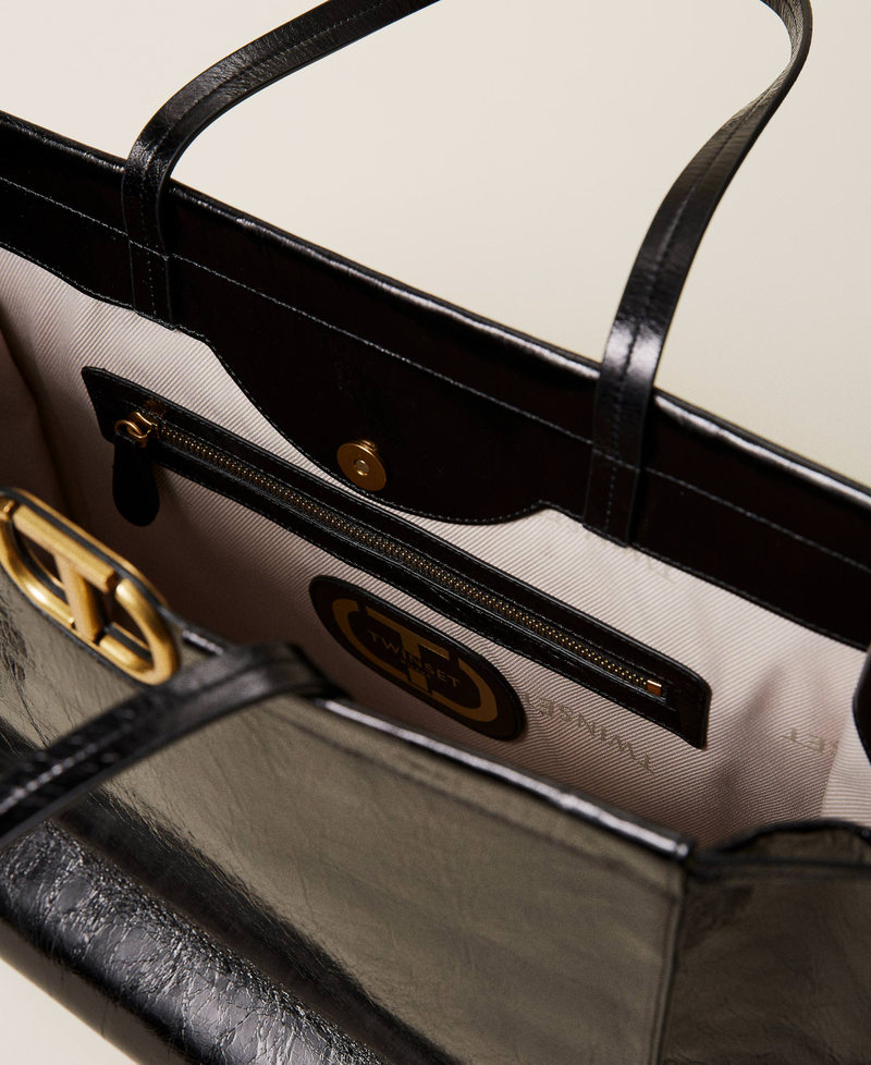 Leather shopper with fringes Black Woman 212TB7110-05