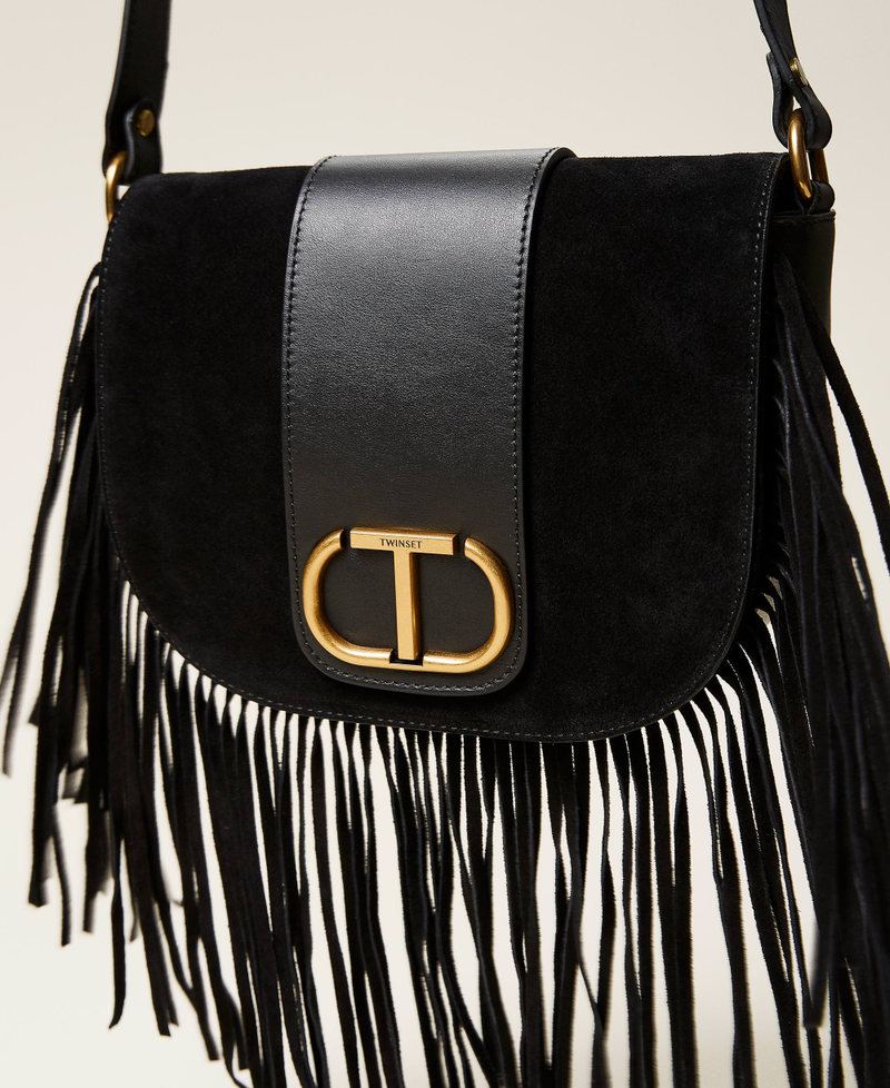 Borsa a tracolla in pelle con frange Nero Donna 212TB7120-03