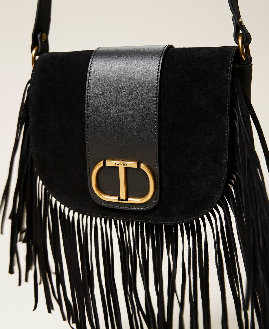 Leather shoulder bag with fringes Black Woman 212TB7120-03