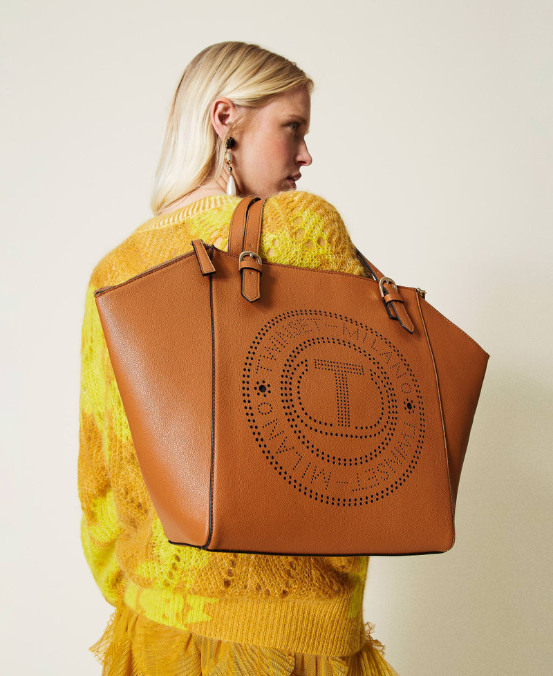 Shopper with openwork logo Leather Brown Woman 212TB7260-0S