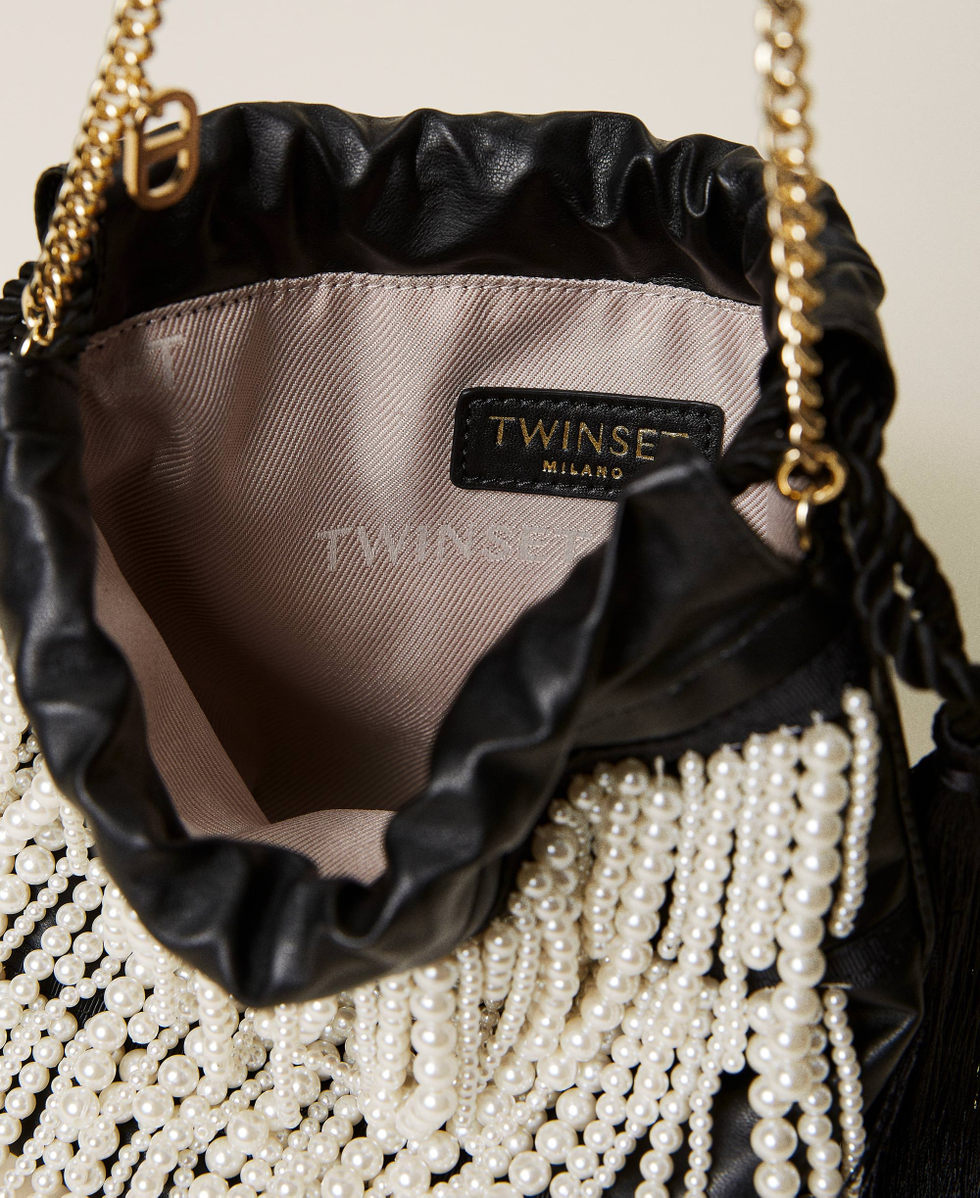 Bucket bag with pearl fringes Woman, Black | TWINSET Milano