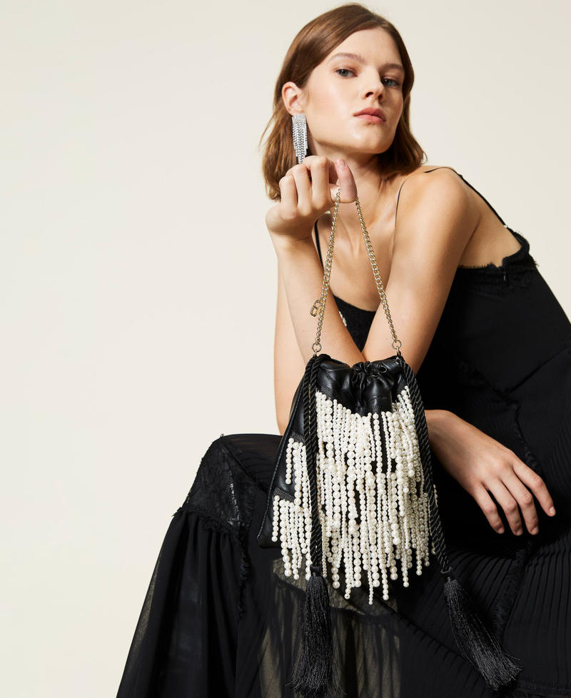 Bucket bag with pearl fringes Black Woman 212TB7300-0S