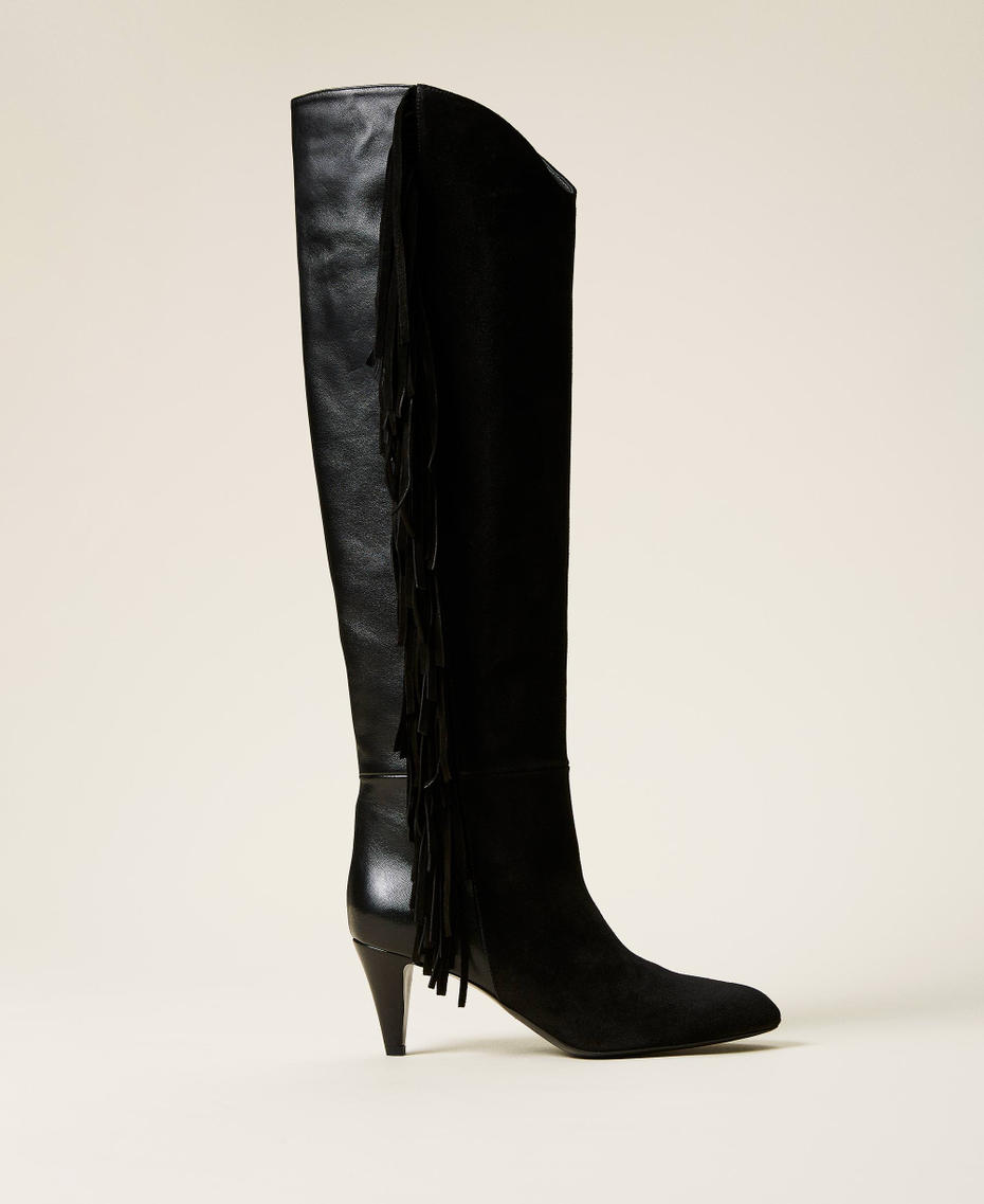Leather high boots with fringes Black Woman 212TCP10C-01