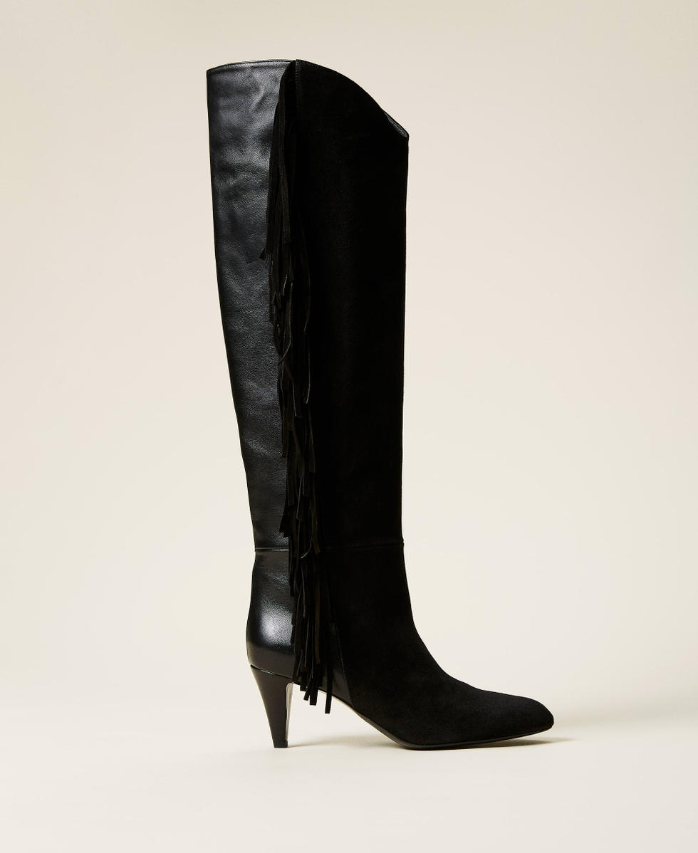 Botas altas de piel con flecos Mujer Negro TWINSET Milano