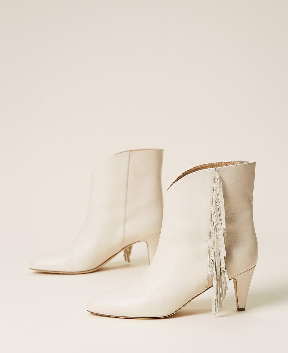 Leather ankle boots with fringes Woman White TWINSET Milano