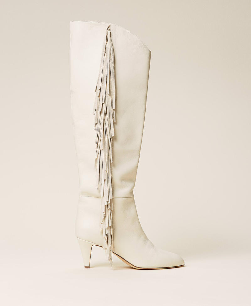 Leather high boots with fringes Woman, White | TWINSET Milano