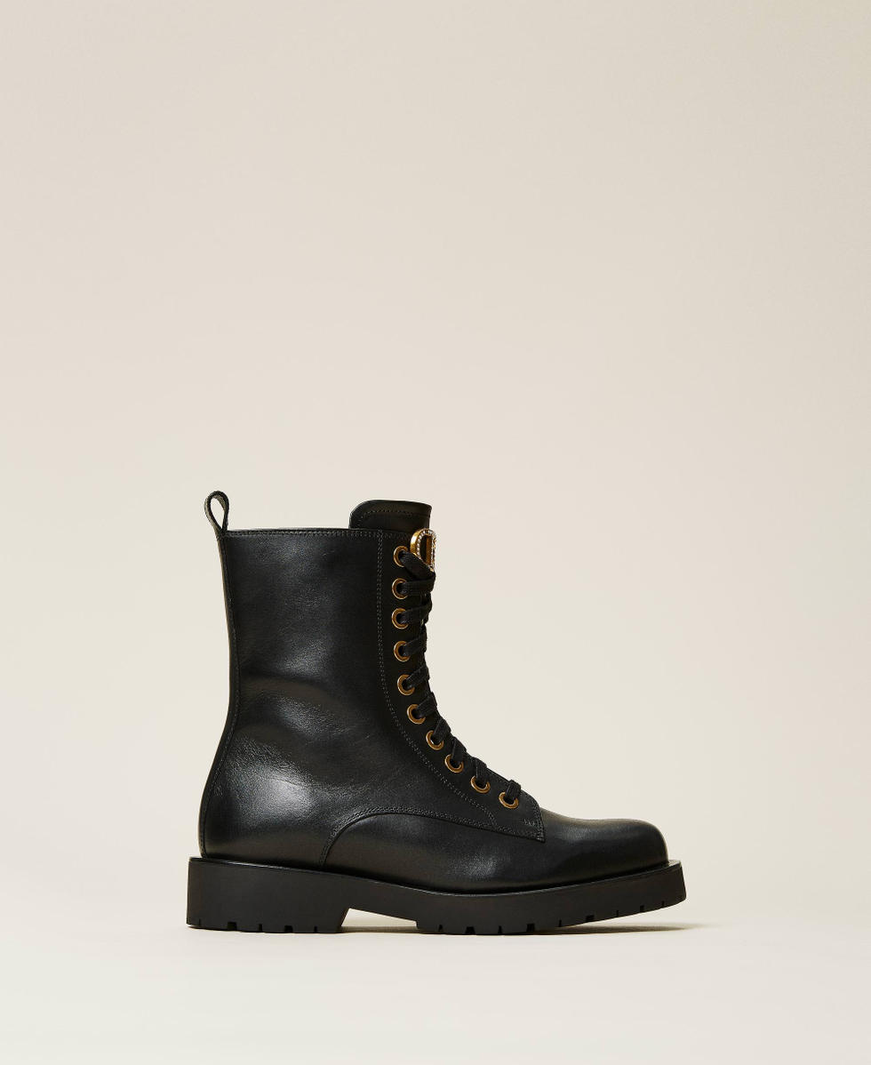 Combat boots with rhinestone logo Woman Black TWINSET Milano
