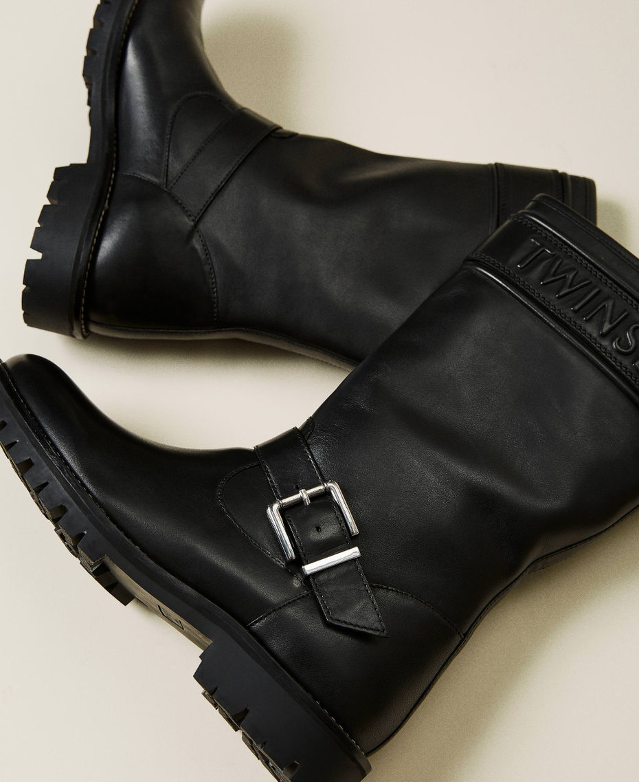 Leather biker boots with logo Black Woman 212TCP172-04