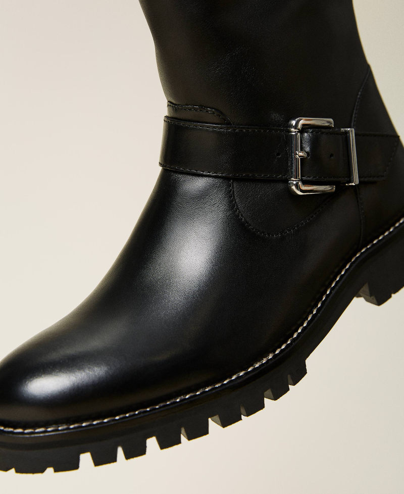 Leather biker boots with logo Black Woman 212TCP172-05