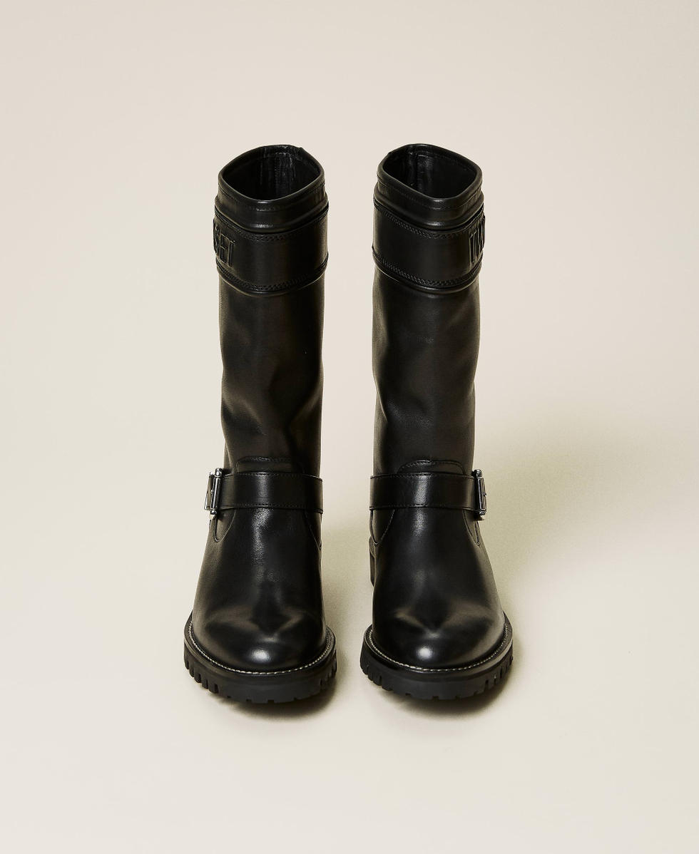 Leather biker boots with logo Woman Black TWINSET Milano