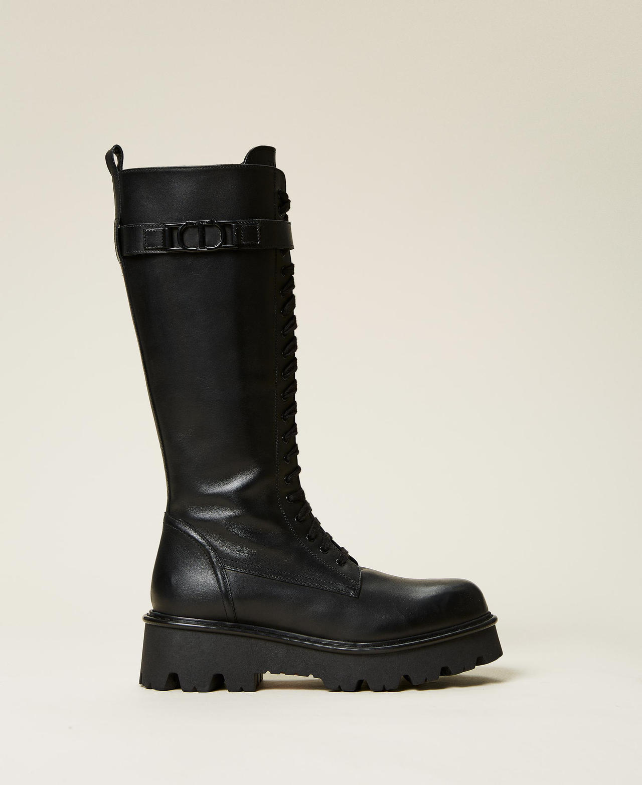 High leather combat boots with logo Black Woman 212TCT050-03
