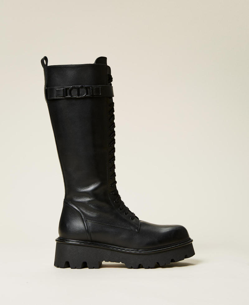 High leather combat boots with logo Black Woman 212TCT050-03