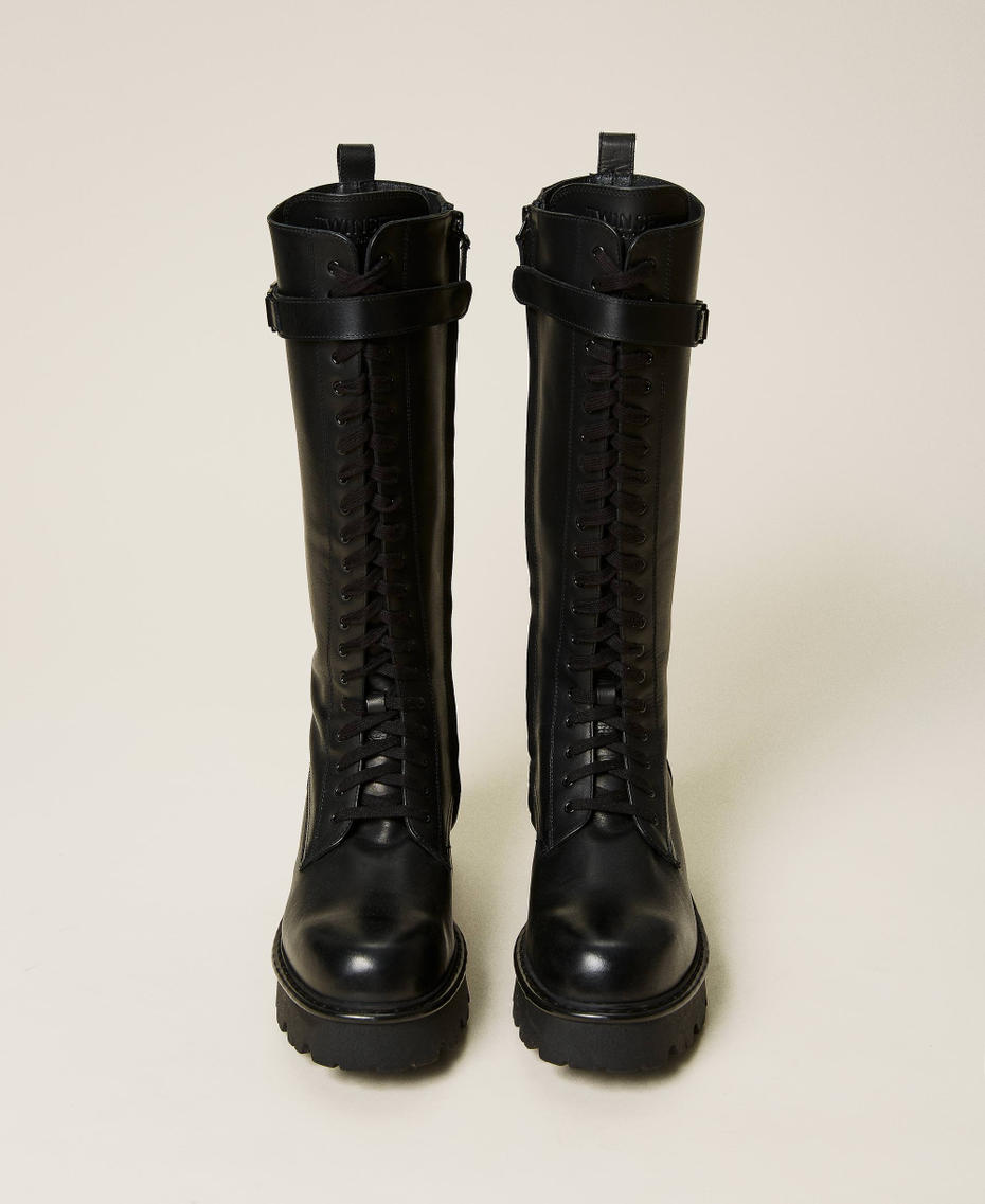 Botas militares altas de piel con logotipo Negro Mujer 212TCT050-06