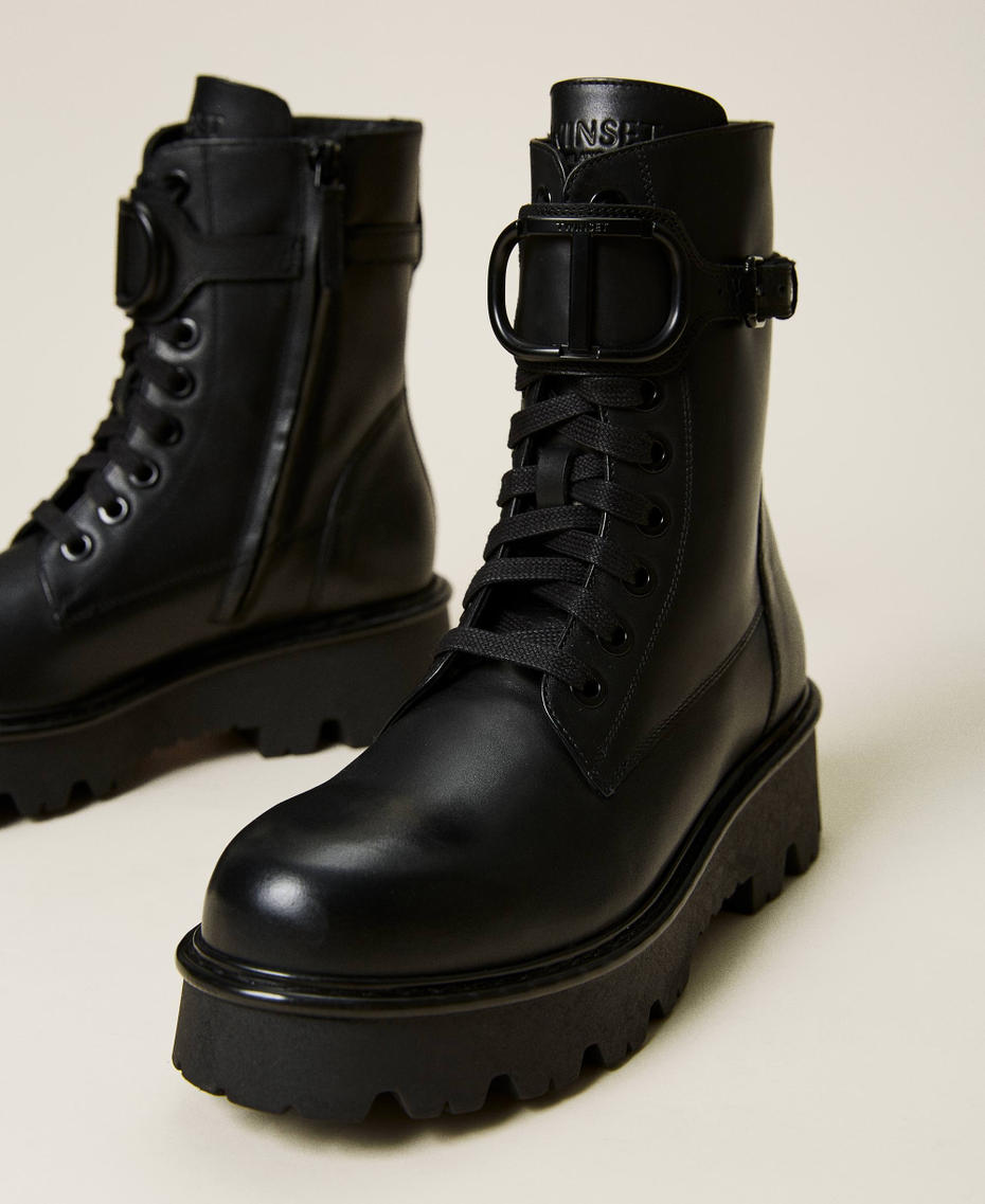 Leather combat boots with logo Black Woman 212TCT052-01