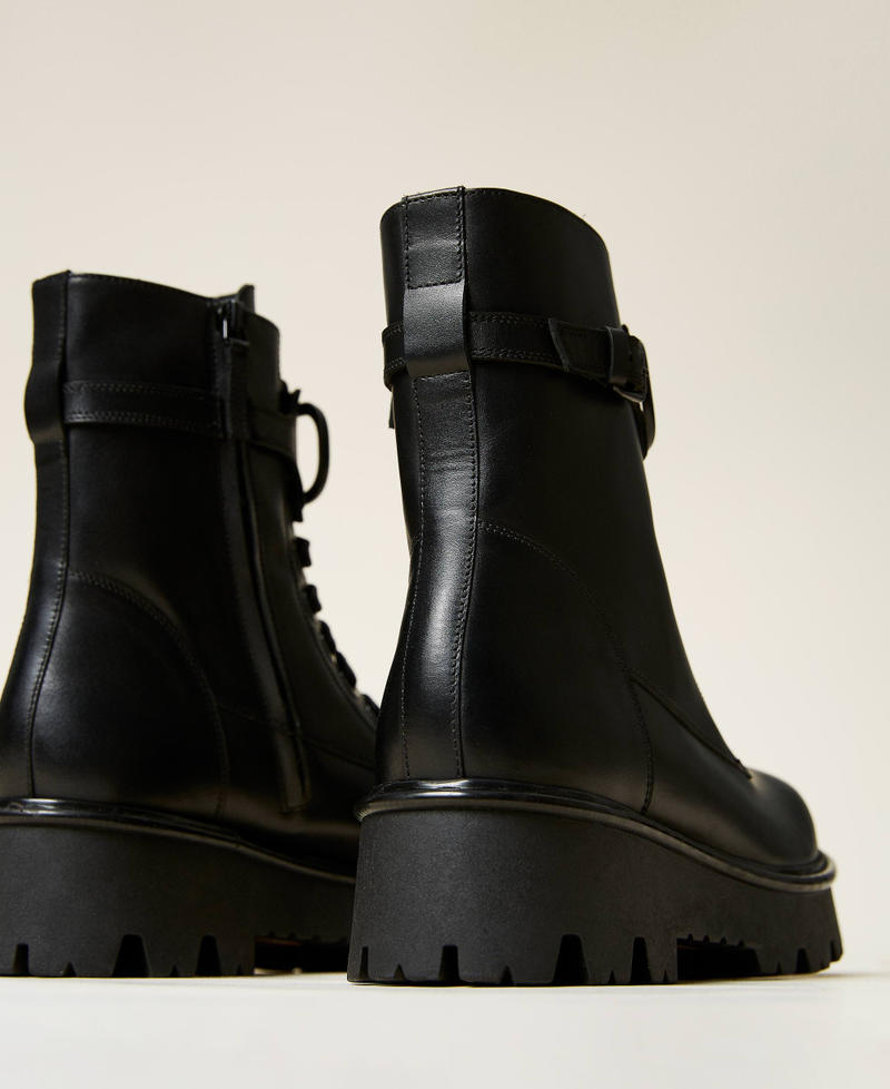 Leather combat boots with logo Black Woman 212TCT052-03