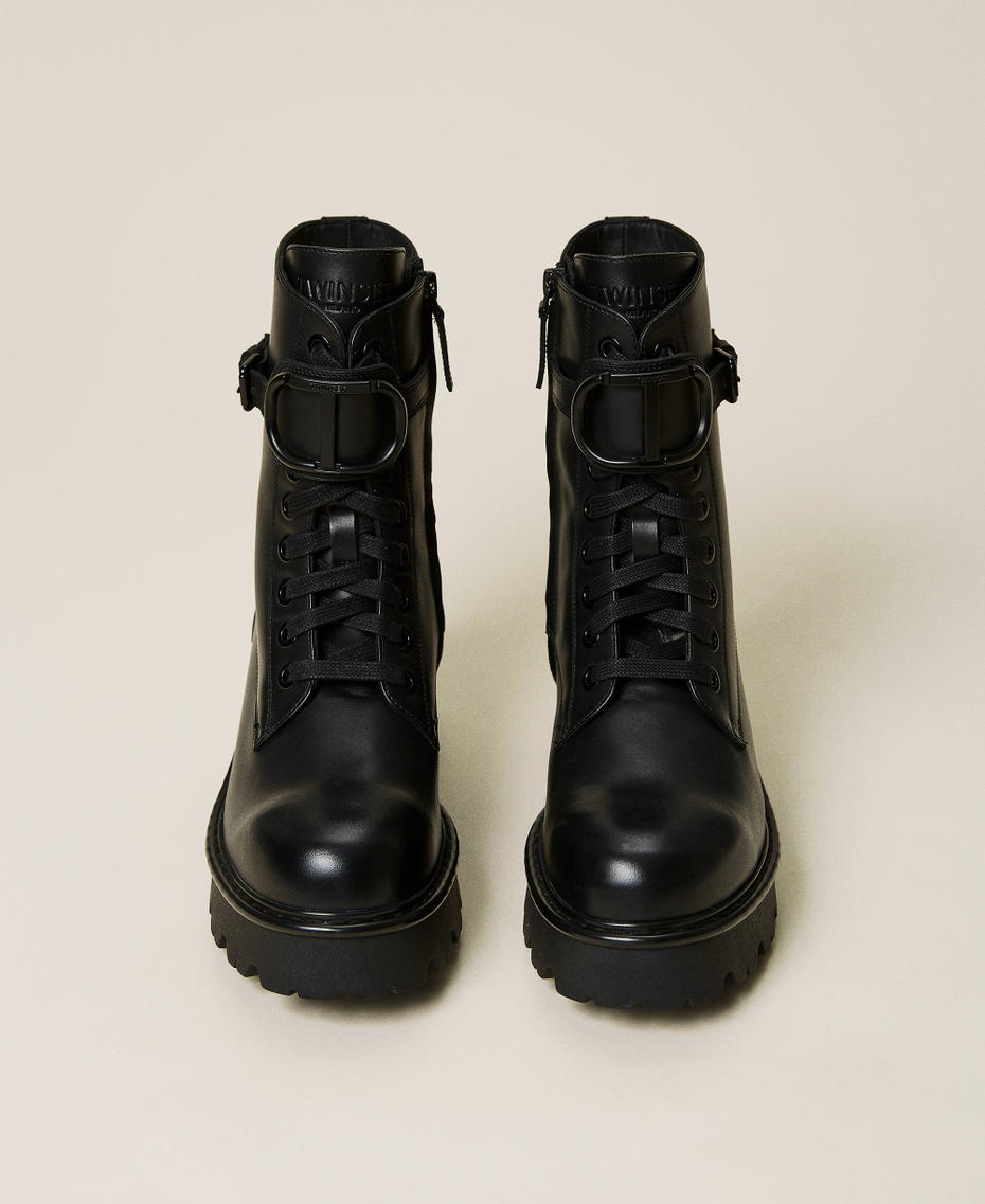 Leather combat boots with logo Black Woman 212TCT052-05
