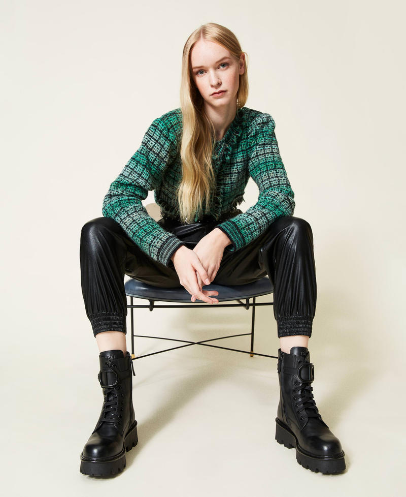 Leather combat boots with logo Black Woman 212TCT052-0S