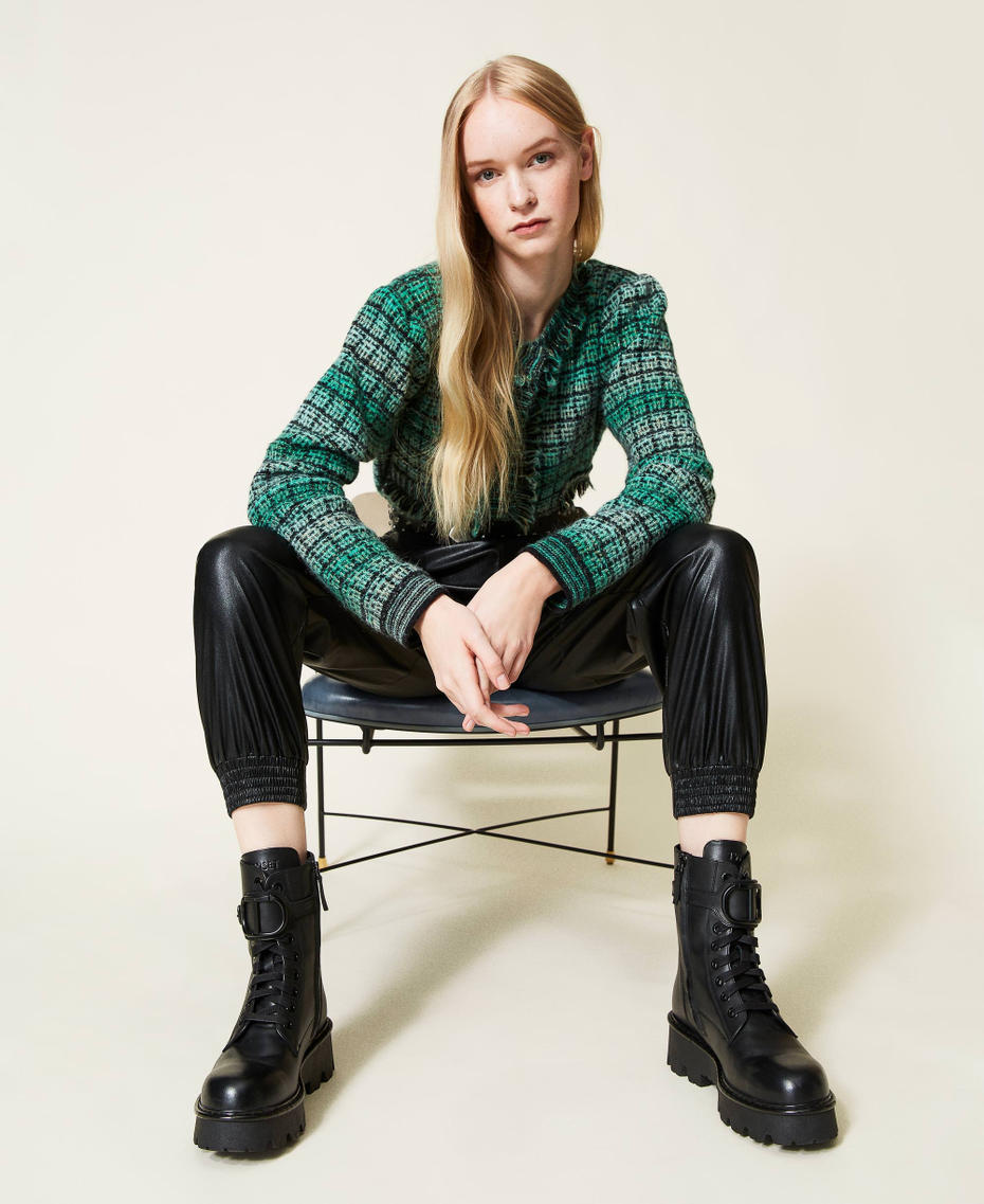 Leather combat boots with logo Black Woman 212TCT052-0S