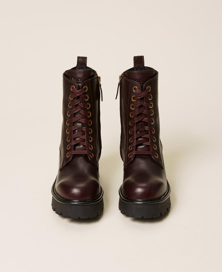 Leather combat boots with studs Wine Red Woman 212TCT054-05