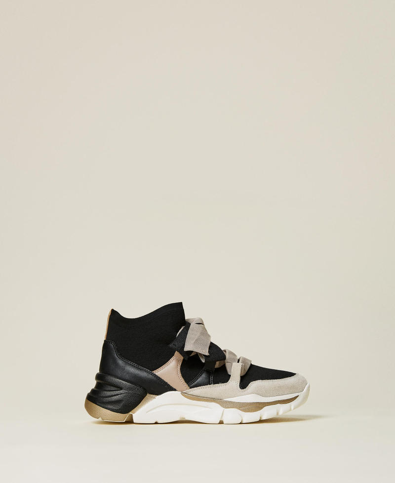 Sneakers in pelle con nastro Bicolor Nero / Beige "Creme Brul&egrave;" Donna 212TCT142-01