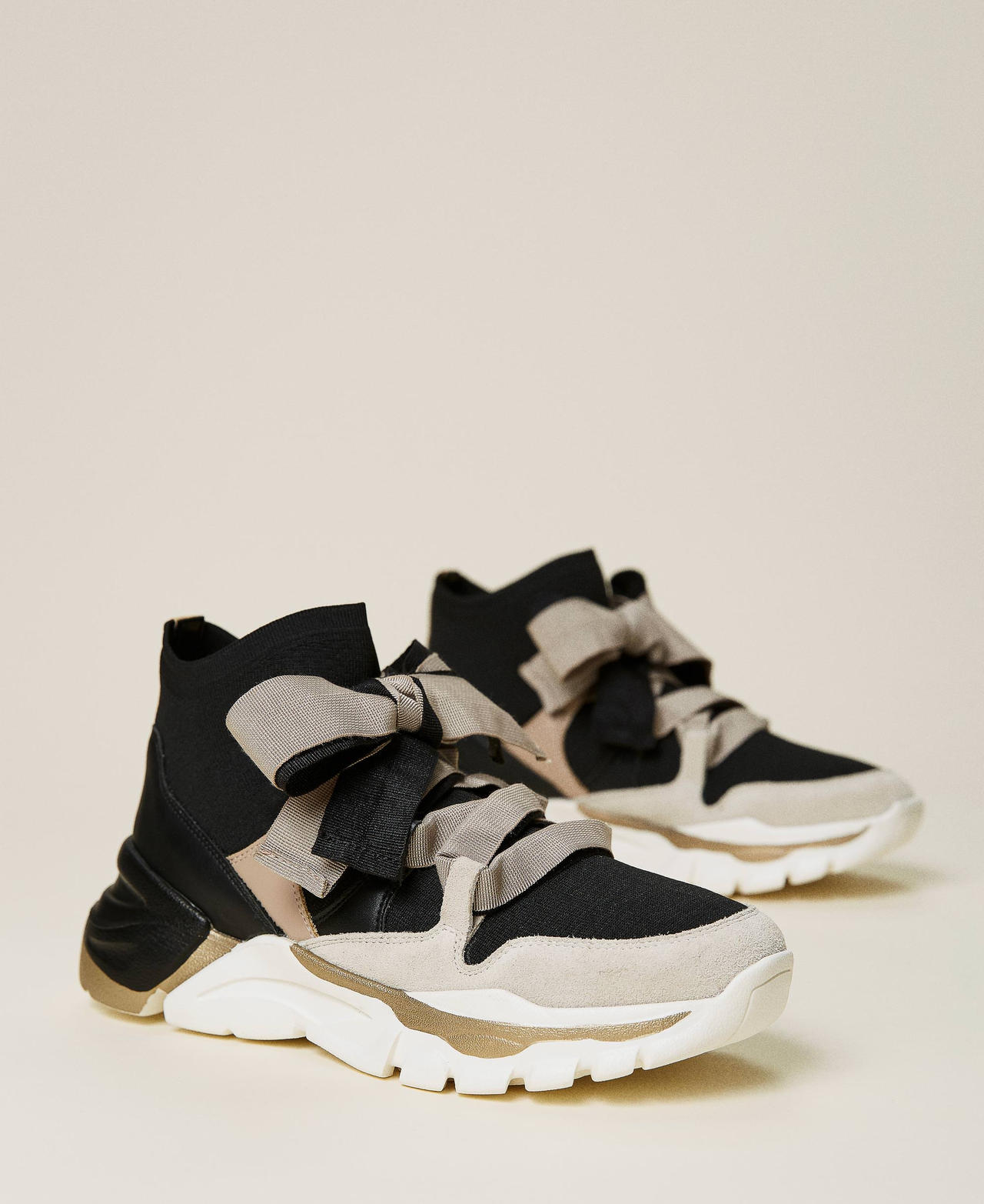 Sneakers in pelle con nastro Bicolor Nero / Beige "Creme Brul&egrave;" Donna 212TCT142-03