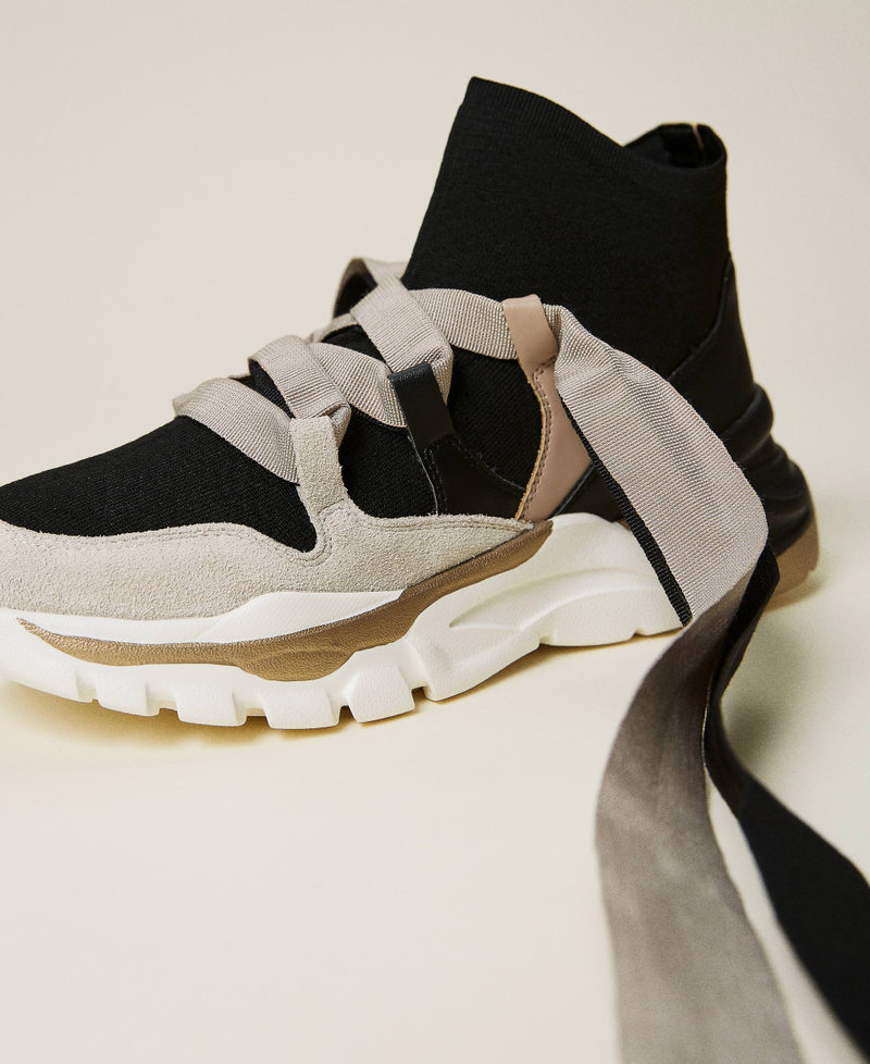 Sneakers in pelle con nastro Bicolor Nero / Beige "Creme Brul&egrave;" Donna 212TCT142-04