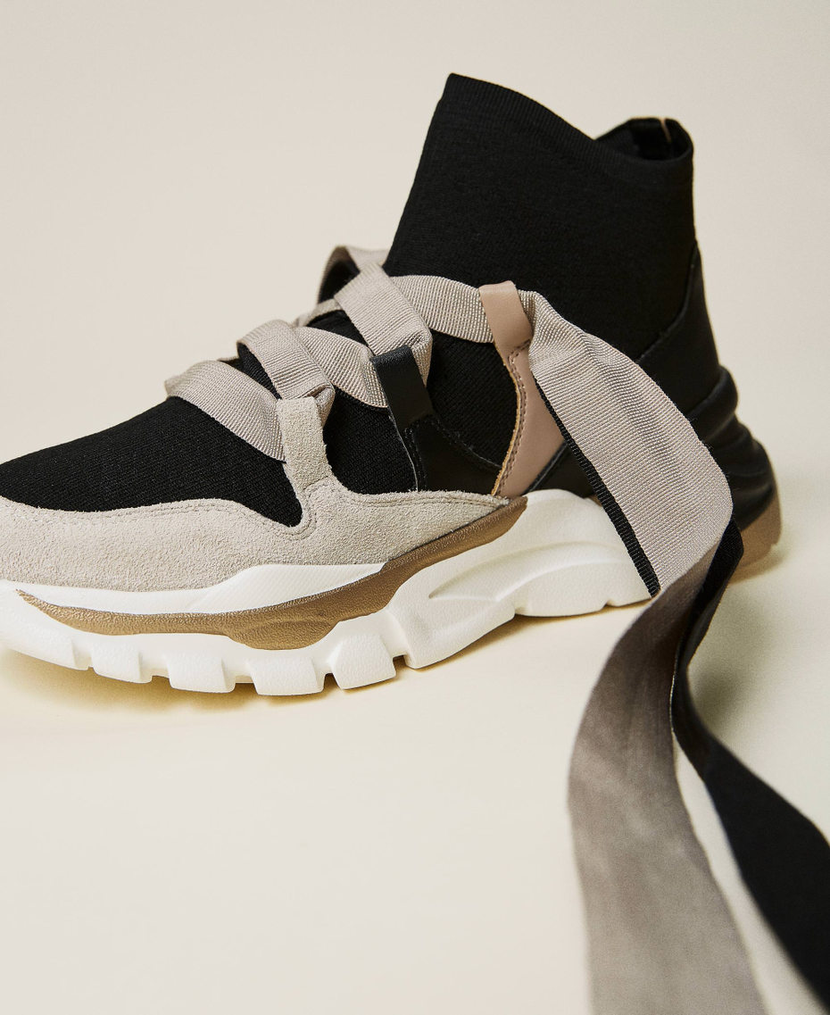 Sneakers in pelle con nastro Bicolor Nero / Beige "Creme Brul&egrave;" Donna 212TCT142-04