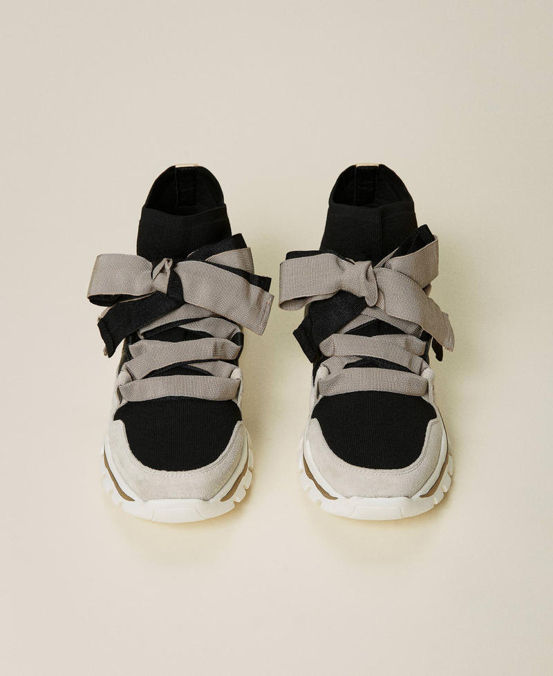 Sneakers aus Leder mit Band Zweifarbig Schwarz / „Crème Brûlée“-Beige Frau 212TCT142-05