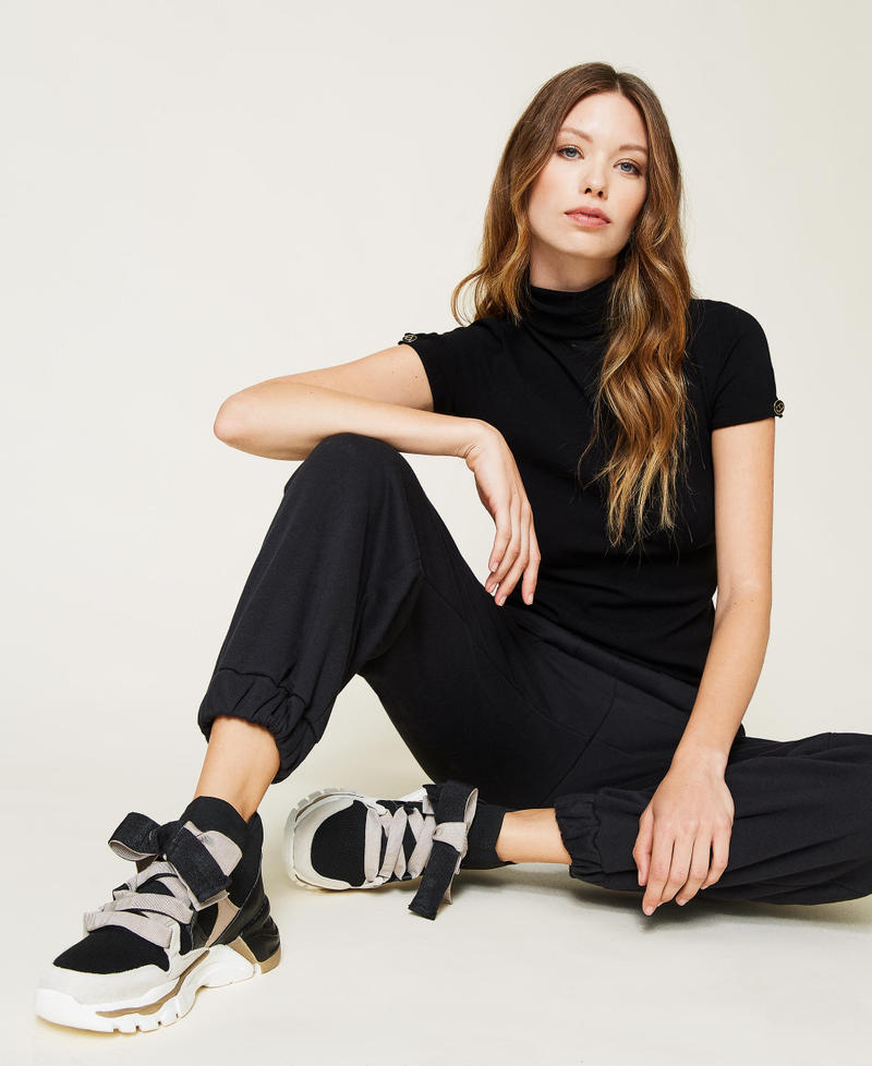 Sneakers in pelle con nastro Bicolor Nero / Beige "Creme Brul&egrave;" Donna 212TCT142-0S