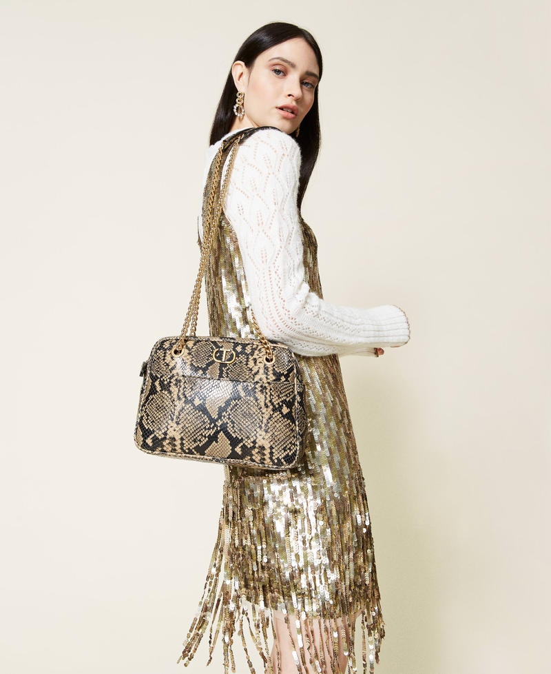 Borsa a tracolla in pelle animalier Stampa Pitone Cuoio Scuro Donna 212TD8041-0S