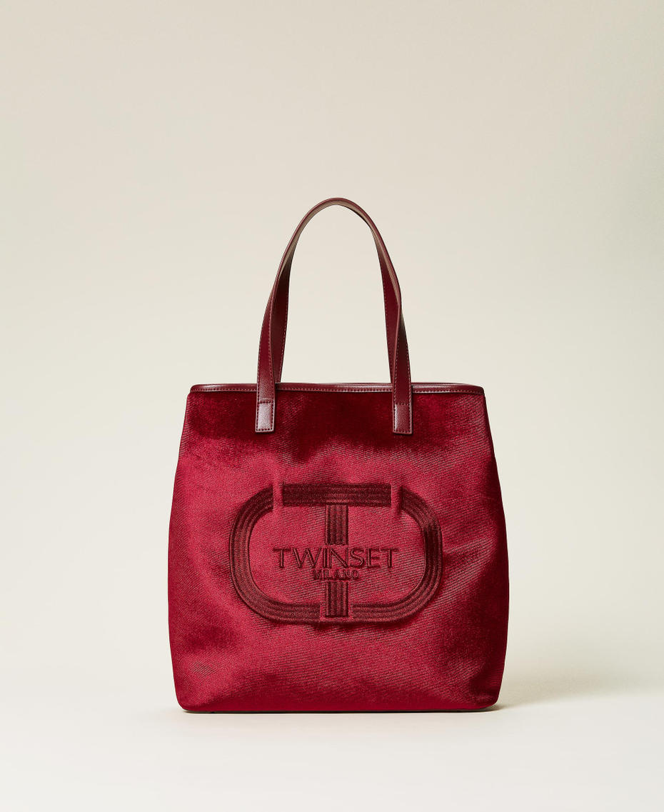 Borsa shopper in velluto con logo Rosso Ciliegia Donna 212TD8090-01