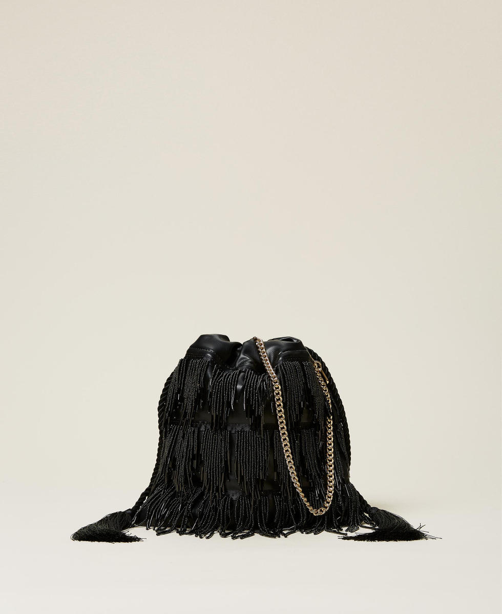 Borsa a sacchetto con frange di perline Donna Nero TWINSET Milano