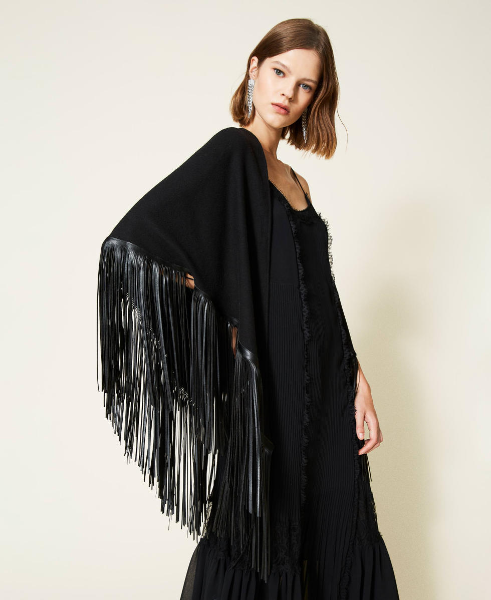 Cloth poncho with fringes Woman Black TWINSET Milano